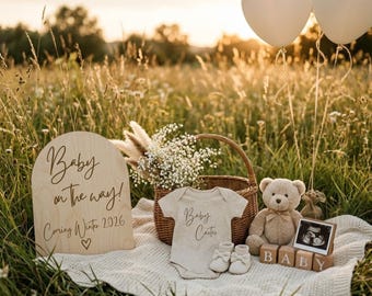 Annonce de grossesse numérique - Modèle bohème champêtre - Carte de révélation bébé modifiable - Idéale pour une ambiance extérieure au coucher du soleil - Couleurs neutres - Imprimable - Partage instantané sur les réseaux sociaux