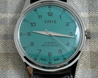 Vintage Oris Aqua Blue Dial Hand Winding FHF Movement ST-96 Swiss Mens Wrist Watch