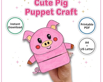 Niedliches Schwein Puppen Handwerk Printable PDF | Bauernhoftier-Aktivität für Kinder | Vorschule und Kindergarten Basteln | Sofort Download