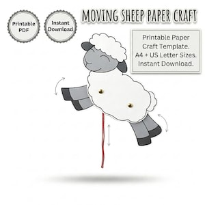 Puede incluir: Una plantilla de manualidad de papel de oveja móvil con una oveja blanca y gris con extremidades articuladas unidas por cierres dorados y un hilo rojo. El texto incluye Moving Sheep Paper Craft, Printable PDF, Instant Download, A4 + US Letter Sizes.