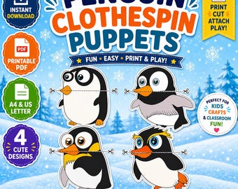 Pinguin Wäscheklammer Puppe Printable | Winter Tiere Bastel-PDF | Vorschul- und Kindergartenaktivität | Sofort Download