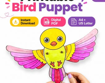 Druckbare Vogel Puppe Handwerk Vorlage, Digitaler PDF Download, Vorschul Vogel Handwerk, Kindergarten Tier Aktivität, DIY Papierpuppe druckbar