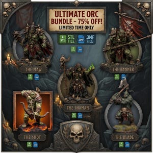 May include: A digital collection of five fantasy orc miniatures titled Ultimate Orc Bundle. The set includes The Maw, The Banner, The Shaman, The Shot, and The Blade, each featuring detailed green-skinned orc figures with weapons and armor.