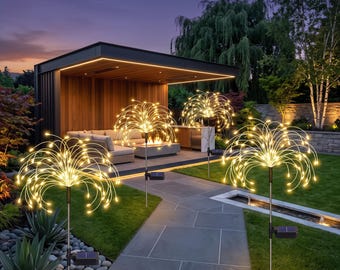 May include: Three outdoor solar-powered garden lights featuring thin, flexible wire branches that extend outward in a spherical shape, each topped with small, warm white LED lights, mounted on black metal stakes with small solar panels.