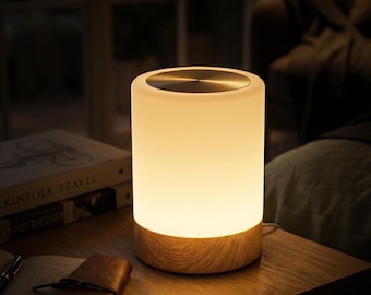 May include: A cylindrical table lamp featuring a frosted white glass shade that emits a warm glow, topped with a circular metallic silver cap and supported by a light-toned wood grain base. The lamp stands upright with a smooth, clean design.