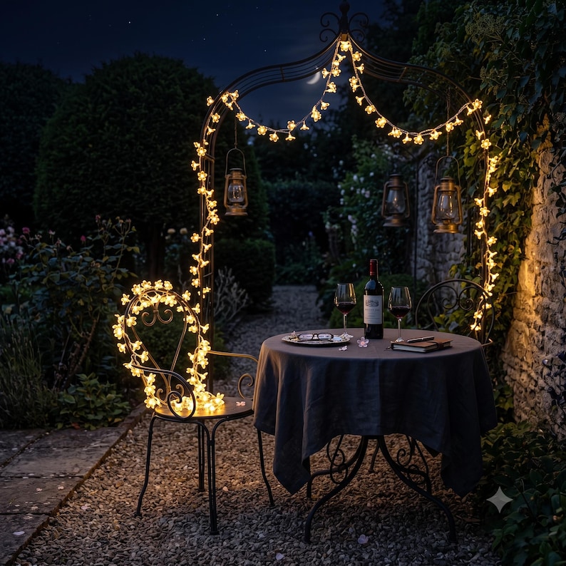 May include: A string of warm white flower-shaped LED lights draped over a dark metal garden arch and chair. The arch features two hanging lanterns, while a round table with a dark gray tablecloth holds a wine bottle and two wine glasses.