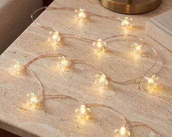 May include: A string of LED fairy lights featuring translucent, five-petaled flower-shaped covers. The lights emit a warm, soft glow and are connected by a thin, flexible copper-colored wire, creating a delicate and illuminated decorative strand.