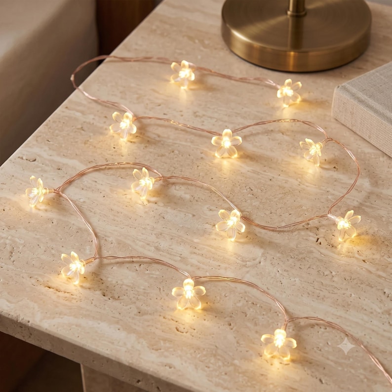 May include: A string of LED fairy lights featuring translucent, five-petaled flower-shaped covers. The lights emit a warm, soft glow and are connected by a thin, flexible copper-colored wire, creating a delicate and illuminated decorative strand.