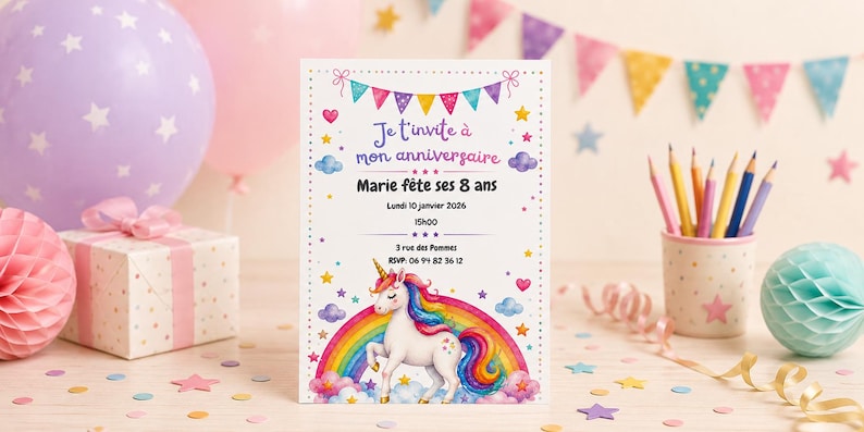 May include: A rectangular birthday invitation card featuring a white background with a colorful unicorn standing on a rainbow, surrounded by clouds, stars, and hearts. The text reads: Je t'invite &agrave; mon anniversaire, Marie f&ecirc;te ses 8 ans, Lundi 10 janvier 2026, 15H00, 3 rue des Pommes, RSVP: 06 94 82 36 12.