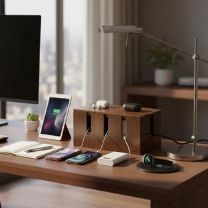 Op de afbeelding: Een rechthoekige kabelmanagementbox van donker hout met meerdere verticale sleuven voor oplaadkabels. De box staat op een bureau en bevat diverse elektronische apparaten, waaronder smartphones, draadloze oordopjes en een powerbank, waarbij de snoeren netjes door de openingen aan de voorzijde zijn geleid.