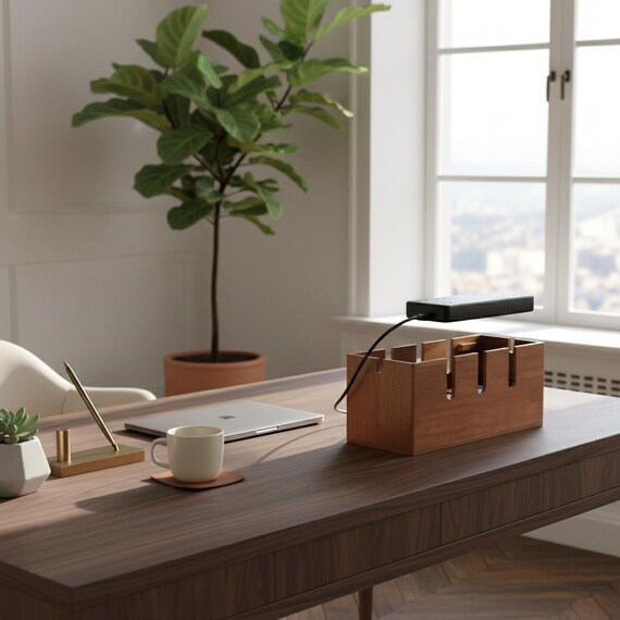 A genuinely handcrafted solid wood box that tames cable chaos with an eco-conscious water-based finish — the rare desk organizer that looks like furniture, not an afterthought.