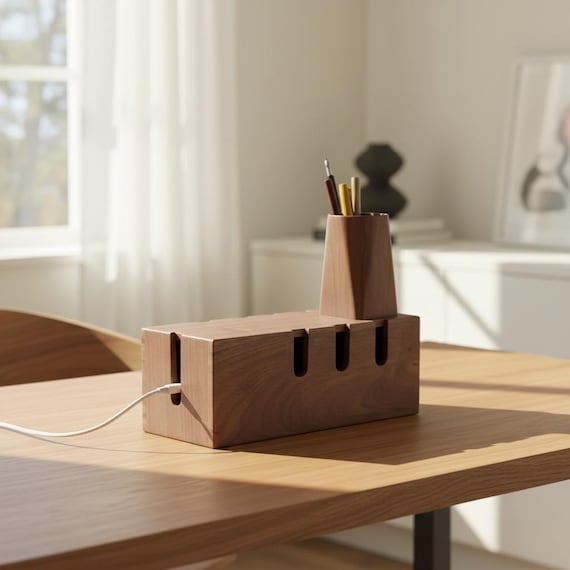 A genuinely handcrafted solid wood box that hides your ugly power strip and cable chaos behind something that looks like it belongs in a design magazine.