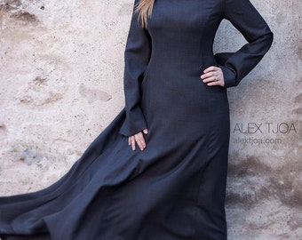 Long wide dress Alva with Viking Ornaments and trumpet sleeves. Elegant and stylish.