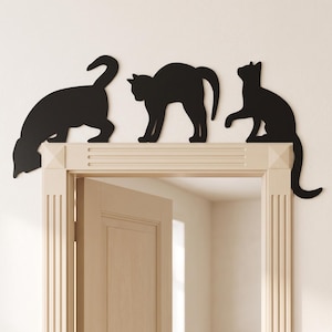 Türrahmen-Dekoration mit Katzensilhouette, Türaufsatz-Set mit schwarzer Holzkatze, Wanddeko, Geschenk für Katzenliebhaber, Halloween-Kaminsims-Dekoration