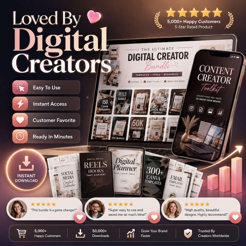Op de afbeelding: Een digitale creator-bundel met een laptop en smartphone die sjablonen, tools en bronnen weergeven. De afbeelding bevat tekst zoals Loved By Digital Creators, Content Creator Toolkit en diverse labels zoals Easy To Use en Instant Access.