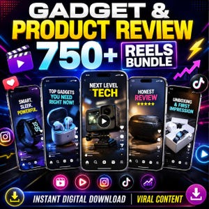 Op de afbeelding: Een digitaal pakket van 750+ gadget- en productreview-reels met vijf smartphoneschermen die tech-inhoud tonen, inclusief tekst zoals GADGET & PRODUCT REVIEW, NEXT LEVEL TECH en HONEST REVIEW, met sociale media-iconen en downloadknoppen.