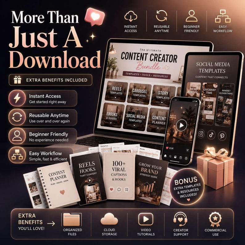 Op de afbeelding: Een digitaal content creator pakket met een laptop, tablet en smartphone die sjablonen tonen, naast fysieke boekjes met de titels Content Planner, Reels Hooks, 100+ Viral Captions & Hooks en Grow Your Brand, inclusief een geschenkdoos.