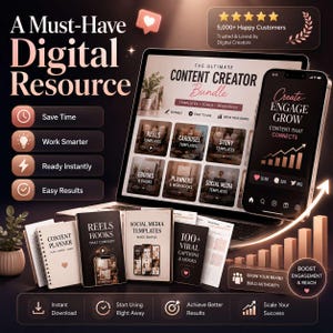 Op de afbeelding: Een digitaal bronnenpakket met een laptop en smartphone die sjablonen voor contentmakers weergeven. Het scherm toont tekst zoals The Ultimate Content Creator Bundle, Reels, Carousel en Story-sjablonen. Fysieke boekjes met de labels Content Planner, Reels Hooks en Social Media Templates staan ervoor opgesteld.