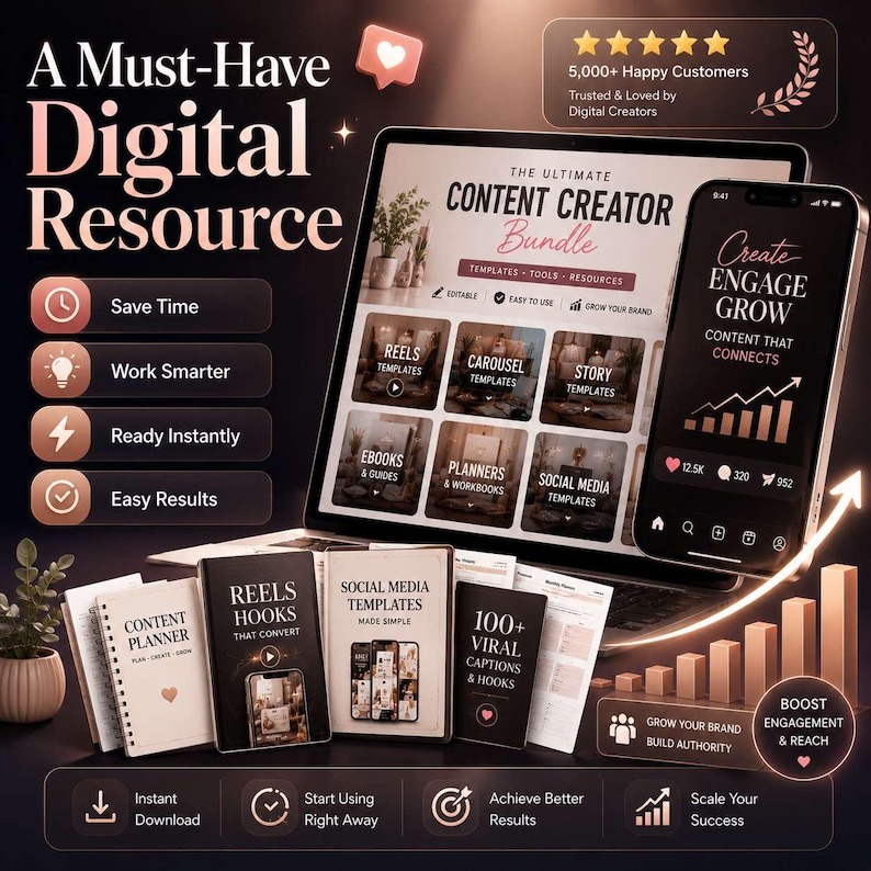 Op de afbeelding: Een digitaal bronnenpakket met een laptop en smartphone die sjablonen voor contentmakers weergeven. Het scherm toont tekst zoals The Ultimate Content Creator Bundle, Reels, Carousel en Story-sjablonen. Fysieke boekjes met de labels Content Planner, Reels Hooks en Social Media Templates staan ervoor opgesteld.