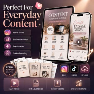 Op de afbeelding: Een digitaal content creator pakket met een tablet en smartphone die social media sjablonen tonen. Bevat gedrukte planners, reels hooks en sjablonen. Tekst bevat Perfect For Everyday Content, Content Creator Bundle en Create Engage Grow.