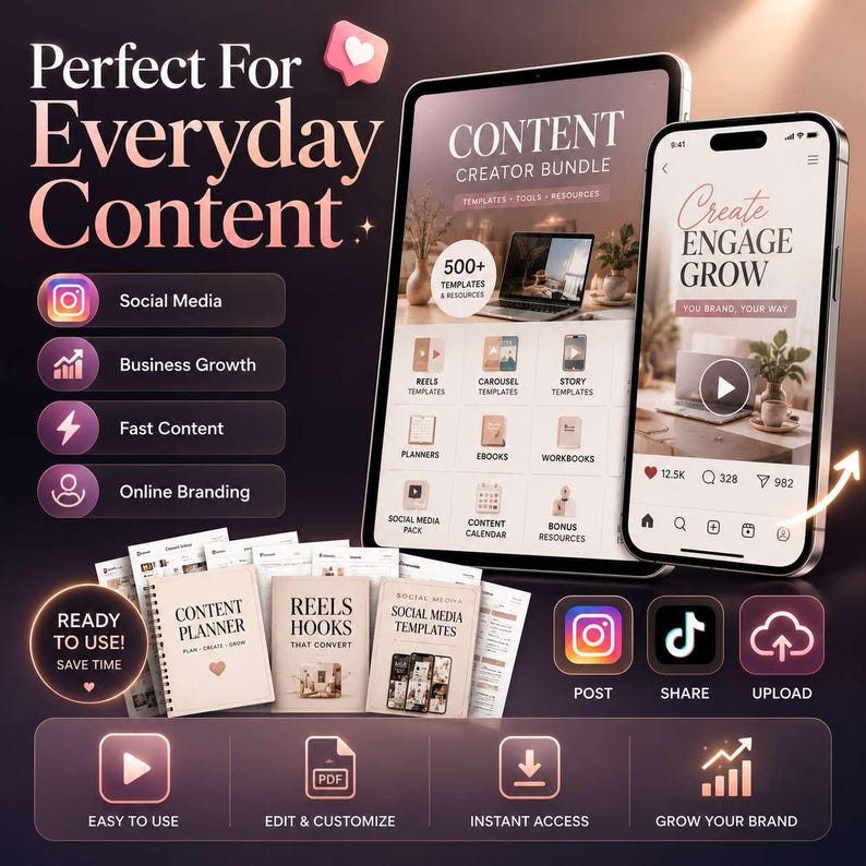 Op de afbeelding: Een digitaal content creator pakket met een tablet en smartphone die social media sjablonen tonen. Bevat gedrukte planners, reels hooks en sjablonen. Tekst bevat Perfect For Everyday Content, Content Creator Bundle en Create Engage Grow.