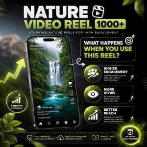 Op de afbeelding: Een digitale marketingafbeelding met een smartphone die een natuurvideo van een waterval toont. De tekst luidt NATURE VIDEO REEL 1000+, WHAT HAPPENS WHEN YOU USE THIS REEL?, HIGHER ENGAGEMENT, MORE VIEWS en BETTER REACH met groene pijlen.