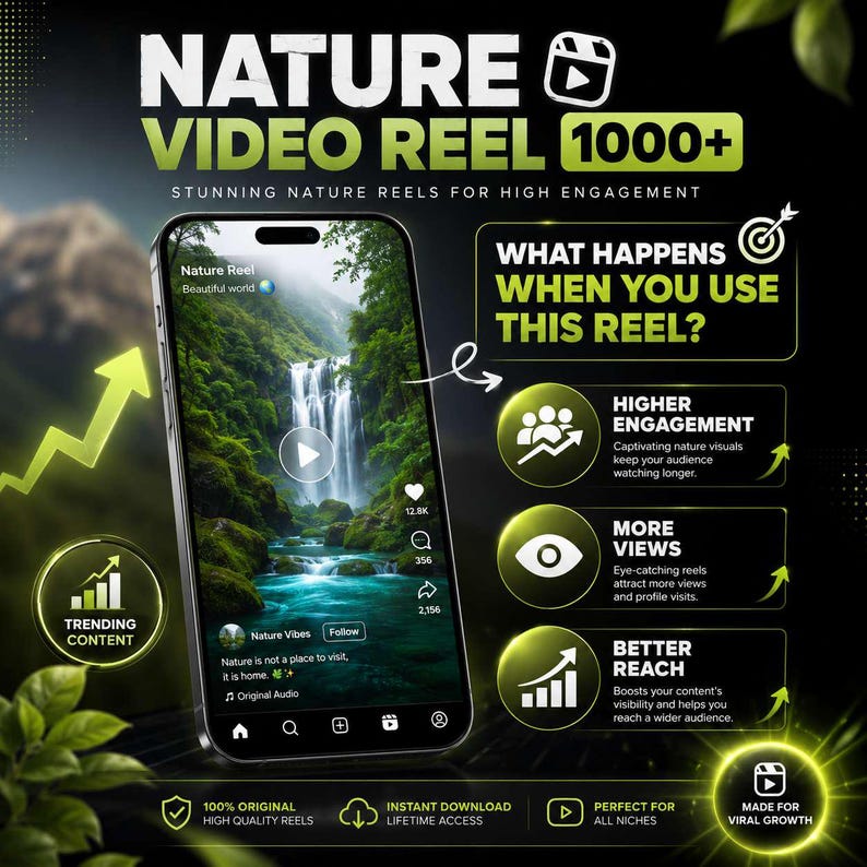 Op de afbeelding: Een digitale marketingafbeelding met een smartphone die een natuurvideo van een waterval toont. De tekst luidt NATURE VIDEO REEL 1000+, WHAT HAPPENS WHEN YOU USE THIS REEL?, HIGHER ENGAGEMENT, MORE VIEWS en BETTER REACH met groene pijlen.