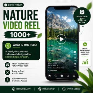 Op de afbeelding: Een digitale productadvertentie voor 1000+ natuurvideo-reels. De afbeelding toont een smartphone met een video van een bergmeer, inclusief tekst zoals NATURE VIDEO REEL, 1000+ en labels voor groei op sociale media.