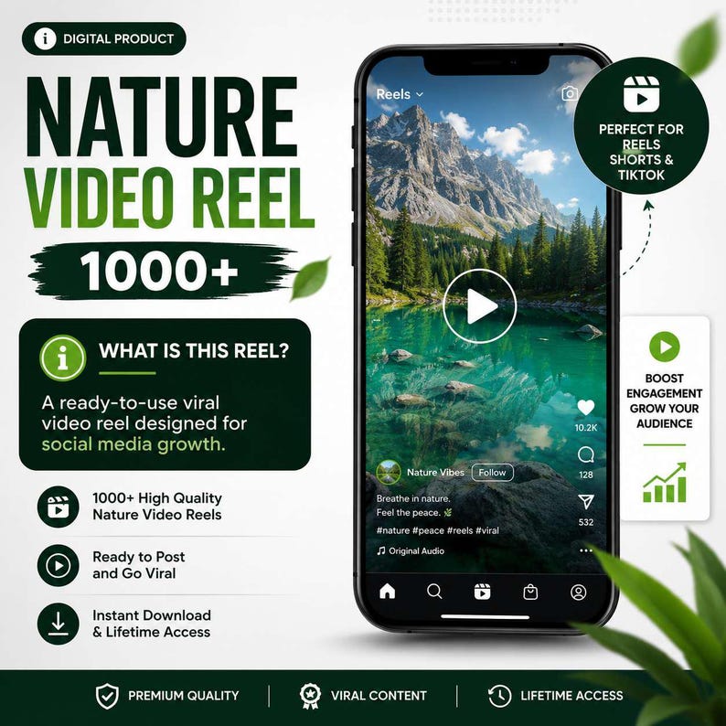 Op de afbeelding: Een digitale productadvertentie voor 1000+ natuurvideo-reels. De afbeelding toont een smartphone met een video van een bergmeer, inclusief tekst zoals NATURE VIDEO REEL, 1000+ en labels voor groei op sociale media.