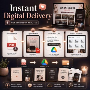 Op de afbeelding: Een infographic voor digitale producten getiteld Instant Digital Delivery die een proces in vier stappen toont om bestanden te openen via Google Drive. Het bevat een laptop en smartphone met sjablonen voor content creators.