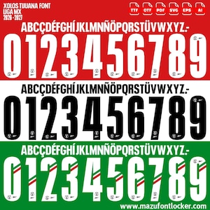 May include: A digital font set titled XOLOS TIJUANA FONT LIGA MX 2026-2027 featuring uppercase letters and numbers 0-9 in three styles: white on red, black on white, and white with green and red diagonal stripes on a green background.
