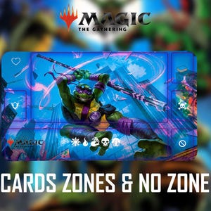 May include: A rectangular playmat for Magic The Gathering featuring a graphic of Donatello from Teenage Mutant Ninja Turtles holding a bo staff. The mat includes designated card zones, a heart icon, a shield icon, a skull icon, and mana symbols.