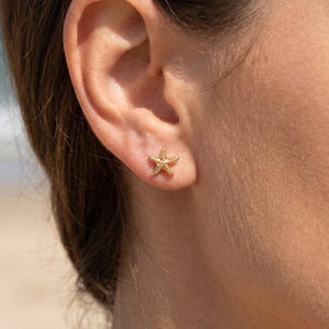 Puede incluir: Un pequeño pendiente de botón con forma de estrella de mar en tono dorado, con una superficie texturizada y cinco brazos definidos. El pendiente está colocado en el lóbulo de la oreja y presenta un acabado metálico que refleja la luz.