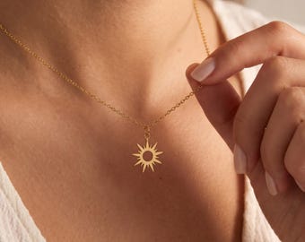 Gold Plated Tiny Sun Necklace, Dainty Celestial Sunburst Pendant, Minimalist Sunshine Jewelry, Christmas Gift for Her, Everyday Necklace