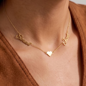 Anpassat silverhalsband med två namn och hjärta, personliga parsmycken, dubbelt namnhalsband, jubileumspresent till fru, julklapp