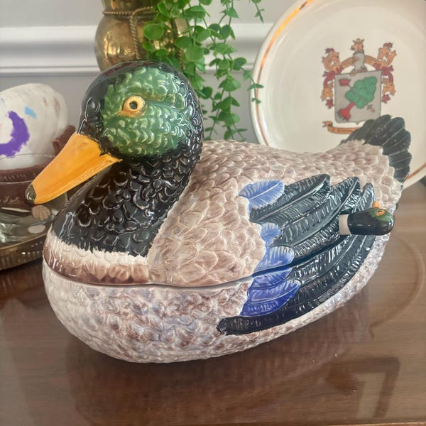 Vintage Bordallo Pinheiro Duck Tureen with Duckling Ladle, Portuguese Majolica Ceramic