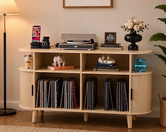 Large Record Player Stand with Charging Station, Record Storage Cabinet, Mid Century Modern Turntable Console