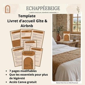 May include: A digital template for a vacation rental welcome book titled ECHAPPÉEBEIGE, featuring seven editable pages with headings like Règlement, Wifi, Contacts, and Bienvenue. The design uses a beige and brown color palette with arch graphics.