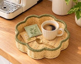 Flower Shaped Woven Storage Basket, Green Scalloped Catchall Tray, Desktop Organizer, Boho Vanity Decor, Housewarming Gift