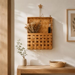 Könnte beinhalten: Ein rechteckiger Wand-Organizer aus geflochtenen hellbraunen Holzstreifen. Das Objekt verfügt über ein tiefes Fach zur Aufbewahrung, eine flache Rückwand und einen kleinen Metallhaken an der Oberseite zum Aufhängen von Schlüsseln.