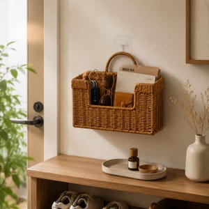 Peut inclure: Un panier rectangulaire en rotin tressé fixé au mur avec une poignée supérieure. Le panier contient un trousseau de clés, une paire de lunettes de soleil, un petit portefeuille en cuir marron et un document papier avec du texte.