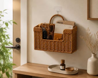Woven Rattan Wall Basket Storage, Handmade Hanging Organizer Basket, Boho Wall Decor, Entryway Kitchen Bathroom Storage, Rustic Home Gift
