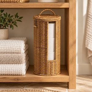 May include: A cylindrical, woven rattan toilet paper holder with a lid and a top handle. The light brown, textured container features a vertical cutout opening that reveals three stacked white toilet paper rolls inside.