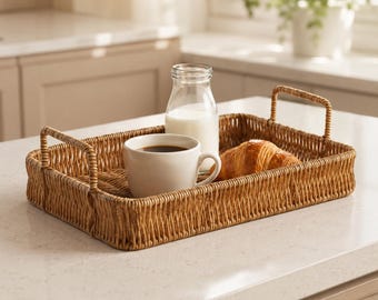 Rattan Serving Tray with Handles, Woven Wicker Breakfast Tray, Boho Coffee Table Organizer, Rustic Bathroom Vanity Decor, Housewarming Gift