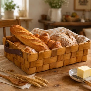 May include: A rectangular woven wooden basket with dark brown leather handles containing a long baguette, a golden-brown croissant, and a round loaf of crusty bread, lined with a beige and white checkered cloth on a wooden surface.