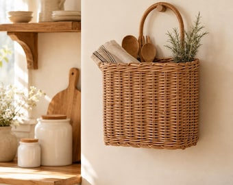 Rattan Wall Basket, Wicker Wall Storage Basket, Boho Home Decor, Hanging Organizer, Farmhouse Entryway Decor, Natural Woven Basket