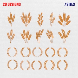 Könnte beinhalten: Eine digitale Sammlung von 20 Weizen-Designs in 7 Größen, mit verschiedenen Anordnungen von Weizenähren und kreisförmigen Weizenkränzen in einer soliden orangefarbenen Tönung. Der Text 20 DESIGNS und 7 SIZES steht in den oberen Ecken.