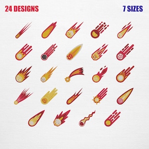 Peut inclure: Une collection numérique de 24 motifs représentant diverses illustrations de comètes et de météores dans des tons de rouge, orange et jaune. Le texte 24 DESIGNS est imprimé en rouge en haut à gauche et 7 SIZES en bleu en haut à droite.