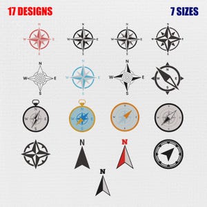 May include: A collection of 17 compass and directional arrow designs in various styles and colors, including red, black, blue, and orange. The text 17 DESIGNS appears in red at the top left, and 7 SIZES appears in blue at the top right.