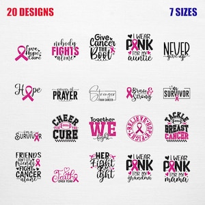 May include: A digital collection of 20 breast cancer awareness designs in 7 sizes, featuring black and pink typography and ribbon graphics. Phrases include Love Hope Cure, Nobody Fights Alone, Give Cancer The Boot, I Wear Pink, and Never Give Up.